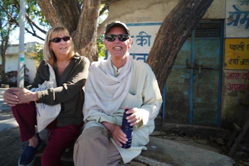 a woman and an older man sitting on a bench at Saket LOAK in Udaipur