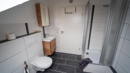 a small bathroom with a toilet and a shower at Ferienapartment am Rosenberg in Goslar