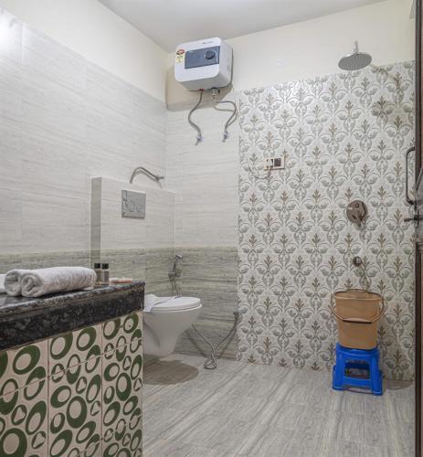 a bathroom with a toilet and a shower at Echor Mud Huts Tabo, Spiti Valley in Kaza