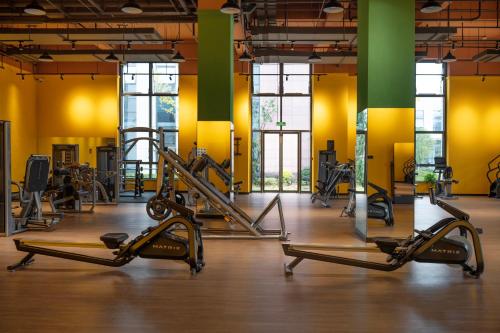 a gym with several treadmills and exercise bikes at Xikang Wellness & Resort Qingcheng Mountain in Taiping