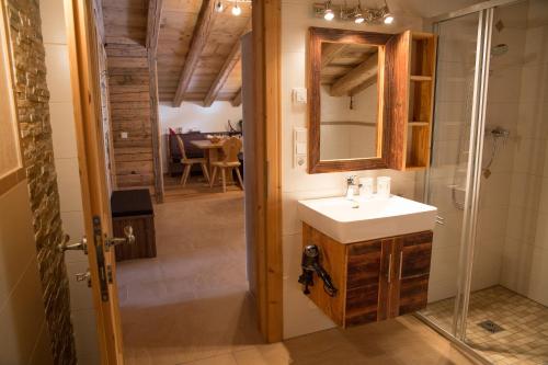 ein Bad mit einem Waschbecken und einem Spiegel in der Unterkunft Apartment Steger in Mittersill