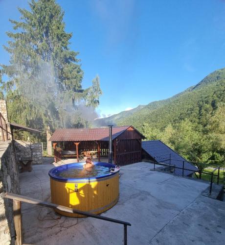 a hot tub on a patio in front of a building at Cabana Floare de stâncă Retezat cu Ciubar in pădure in Hunedoara