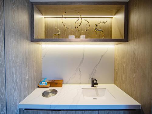 襄陽市にあるXiangyang Station Minfa World City Yishang Plus Hotelの洗面台と鏡のあるバスルーム