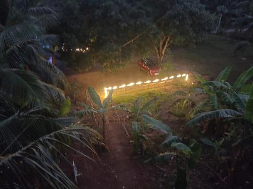 a fence with lights in a field at night at Healing Home And Hostel Auroville in Puducherry