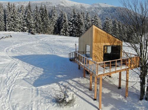 a cabin in the snow with trees in the background at Wild House Donovaly in Donovaly