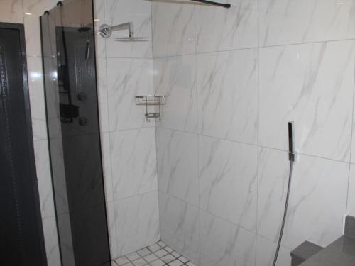 un bagno con doccia con porta in vetro di Cottage Studio a Tokai