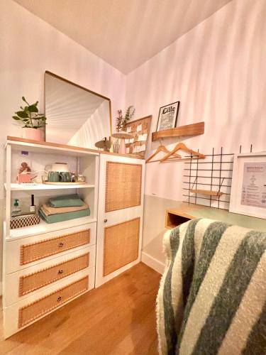 Cette chambre comprend un placard blanc avec un miroir. dans l'établissement Chambre chaleureuse et cosy, à Lille