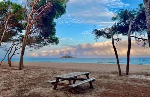 a picnic table sitting on a beach near the ocean at Sea Breeze Home in Lotzorai