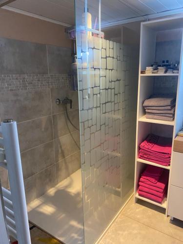 La salle de bains est pourvue d'une douche et d'une cabine de douche en verre. dans l'établissement les glycines, à Villelongue-de-la-Salanque