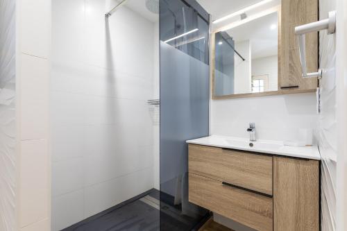 une salle de bain avec un lavabo et un miroir dans l'établissement Port Lano - Joli T3 à Agde, au Cap d'Agde