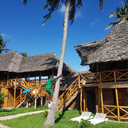 a person standing on a palm tree in front of a house at Kirepwe Ecco Camp Watamu in Watamu