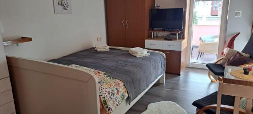 a bedroom with a bed and a living room with a tv at Srce Turopolja in Velika Gorica
