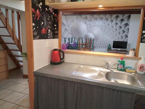 a kitchen with a sink and a counter top at Gîte à la campagne en pays mellois in Lezay