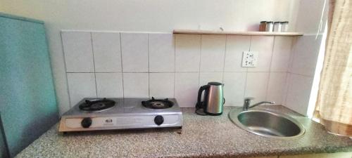 a kitchen counter with a stove and a sink at Limpopo Lodge in Polokwane
