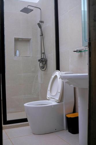 a bathroom with a shower and a toilet and a sink at Les Jardins de René Hébergements in Yaoundé
