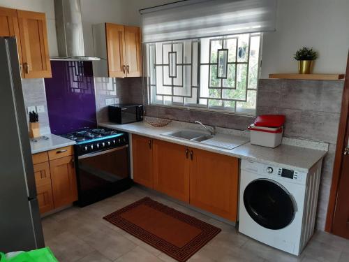 una cucina con lavello e lavatrice di Serene Oasis in East Legon Hills - Chic 2 Bedroom Retreat a Maijaw