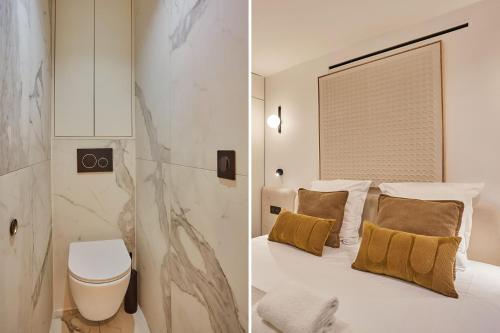 - deux photos d'une chambre avec un lit et des toilettes dans l'établissement Superb Apartment Center of Paris by Studio prestige, à Paris