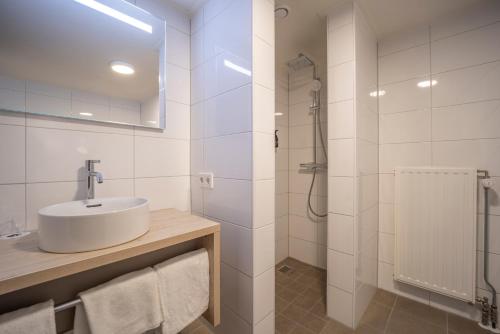 a bathroom with a sink and a shower at Fletcher Hotel-Restaurant De Scheperskamp in Lochem