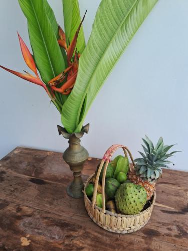 a vase with two baskets of fruit on a table at RKO Villa27 - Unawatuna in Habaraduwa