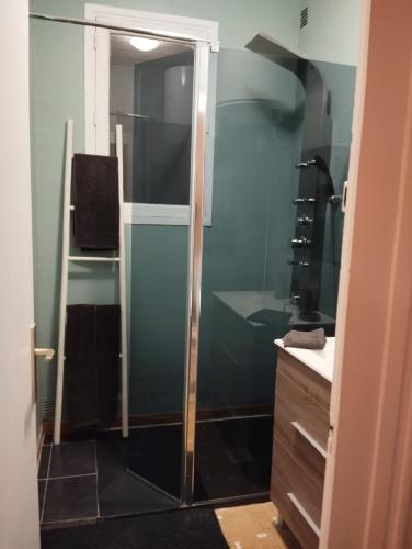 une salle de bain avec une douche en verre et un lavabo dans l'établissement Maison deux chambres avec jardin à 100m de l'océan, à Les Sables-dʼOlonne