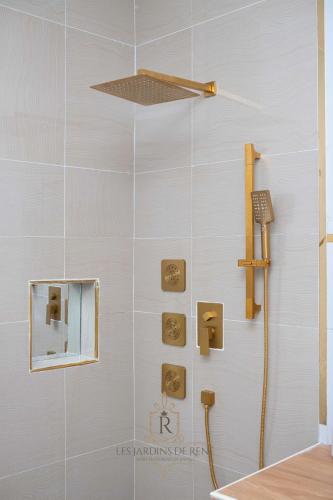 a shower with a shower head and a mirror at Les Jardins de René Hébergements in Yaoundé