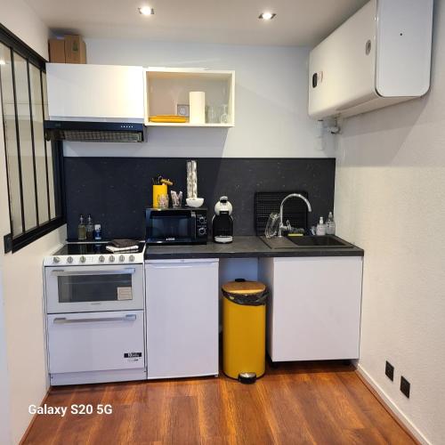 Il comprend une cuisine équipée d'une cuisinière, d'un évier et d'un comptoir. dans l'établissement Studio tendance - Chambéry, à Chambéry