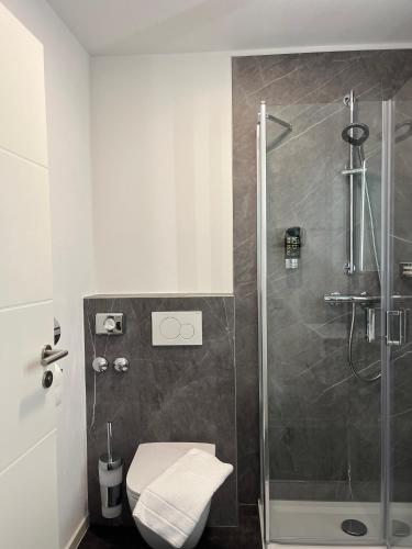 a bathroom with a toilet and a shower at Berghotel Waidmannsheil in Battenberg