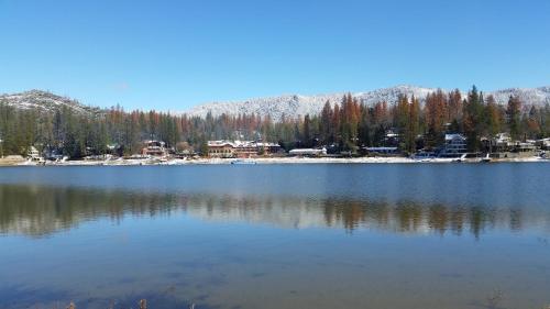 a view of a lake with houses and trees at The Pines Resort & Conference Center in Bass Lake