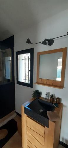 une salle de bain avec un lavabo et un miroir dans l'établissement Nouveau : Magnifique Villa individuelle avec piscine Rocbaron Var, à Rocbaron