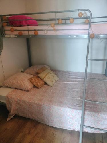 a bunk bed with two pillows and a ladder at KAZANNa in Sainte-Clotilde