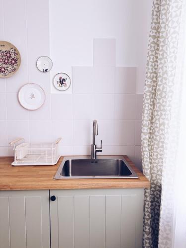 a kitchen with a sink and a shower curtain at GóralSki in Wisła