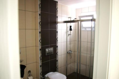 a bathroom with a shower with a toilet at Villa Oludeniz Heights in Fethiye