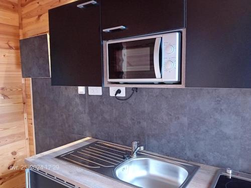 a kitchen with a sink and a microwave at Crique privée in Conca