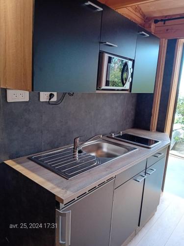une cuisine avec un évier et un plan de travail dans l'établissement Crique privée, à Conca