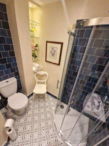 a bathroom with a toilet and a glass shower at Charming Apartment near Kings Cross in London
