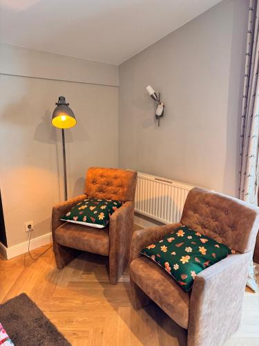 a living room with two chairs and a lamp at Gästehaus Johannes in Niedernsill