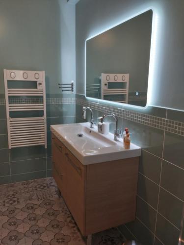 ein Badezimmer mit Waschbecken und Spiegel in der Unterkunft Maison Bourgeoise classée 3 étoiles à 100 m des Bords de Loire avec parkings privés in Orléans