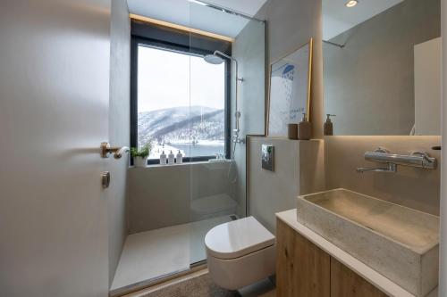 a bathroom with a toilet and a sink and a window at Blackberry Cabin lakeside escape in Tubravić
