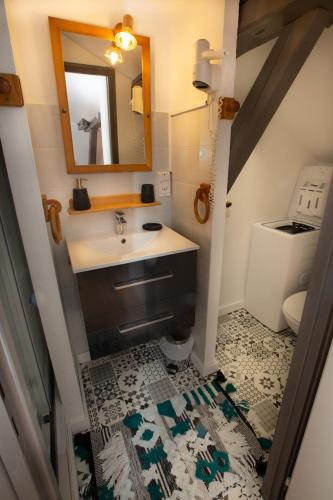 une salle de bain avec un lavabo et un miroir et des toilettes dans l'établissement La Ferme du Lay, à Arâches-la-Frasse