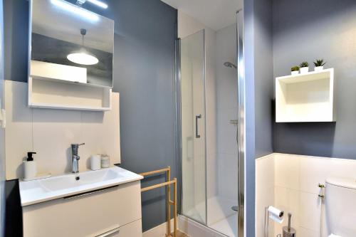 une salle de bain avec un lavabo et une douche dans l'établissement Le Nid de Montbran - Avec balcon, à Matignon