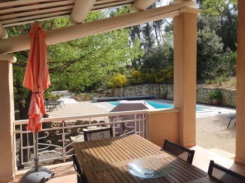 une terrasse avec une table et un parasol ainsi qu'une piscine dans l'établissement Le Soleil du Ventoux, à Entrechaux