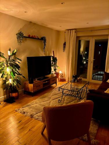 a living room with a flat screen tv at 2 bed, 2 bath apartment in Roundhay in Moortown