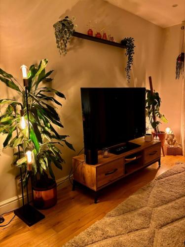 a living room with a flat screen tv on a table at 2 bed, 2 bath apartment in Roundhay in Moortown