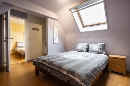 a bedroom with a bed and a skylight at A little paradise Wallonie in Limelette