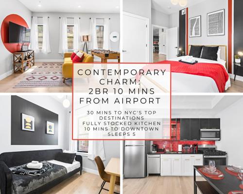 a collage of photos of a bedroom and a living room at 1C - Ask About 20Off - Sleeps 5 - Airport 8min - NYC 30min in Newark
