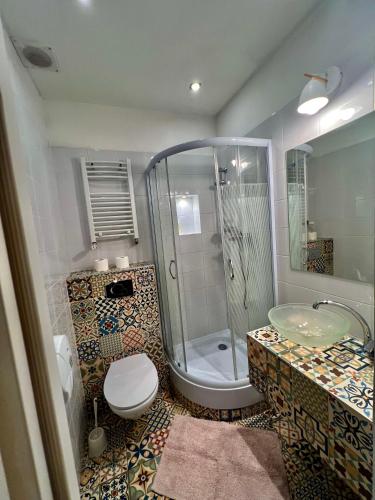 a bathroom with a shower and a toilet and a sink at Fox hostel in Krakow