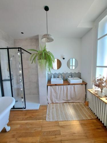 une salle de bain avec deux lavabos et une douche dans l'établissement Charming house with pool, near metro, à Lyon