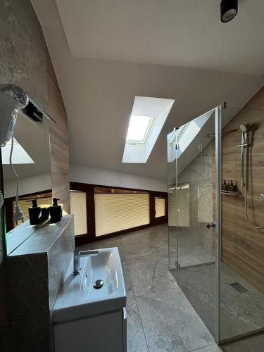 a bathroom with a sink and a glass shower at Jaśminowe Ogrody in Szczyrk