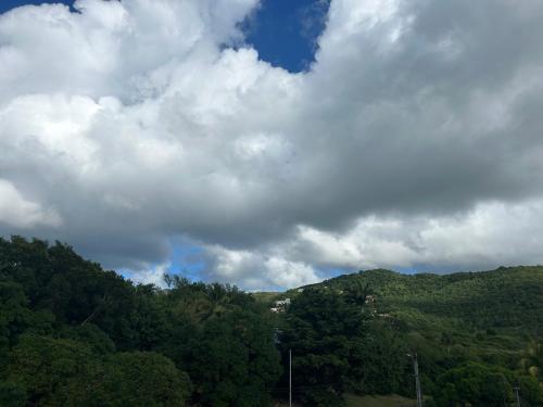 a cloudy sky over a mountain with trees at Palme bleue t3 au diamant in Le Diamant