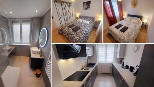 un collage de trois photos d'une chambre avec deux lits dans l'établissement Appartement 3 ch avec garage, proche Techn'hom, à Belfort